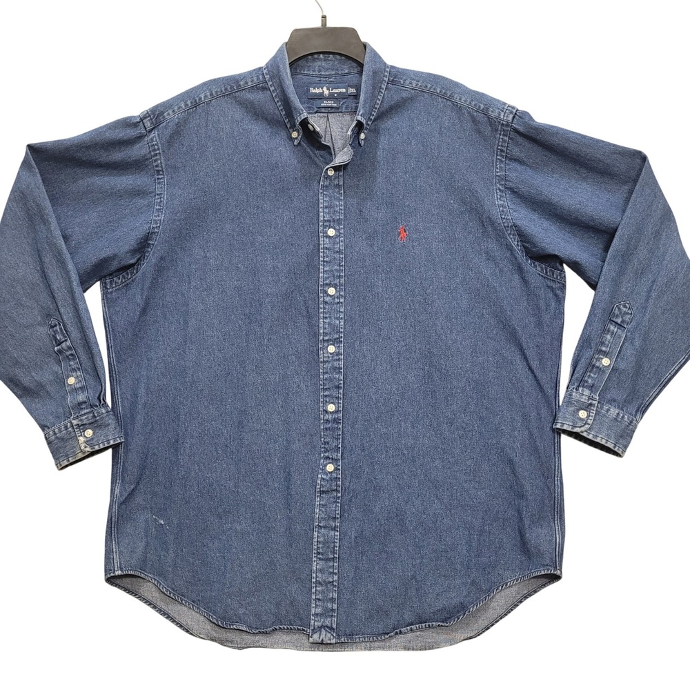 Vintage Ralph Lauren Blake Denim Shirt Mens XL Blue Cotton Button Down Pony